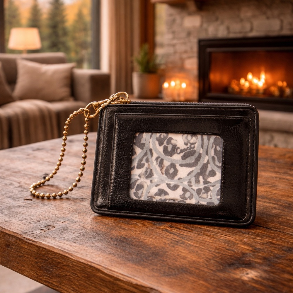 Coach Poppy  Black Leather Card Case with Gold Script and Chain - Picture 2 of 2